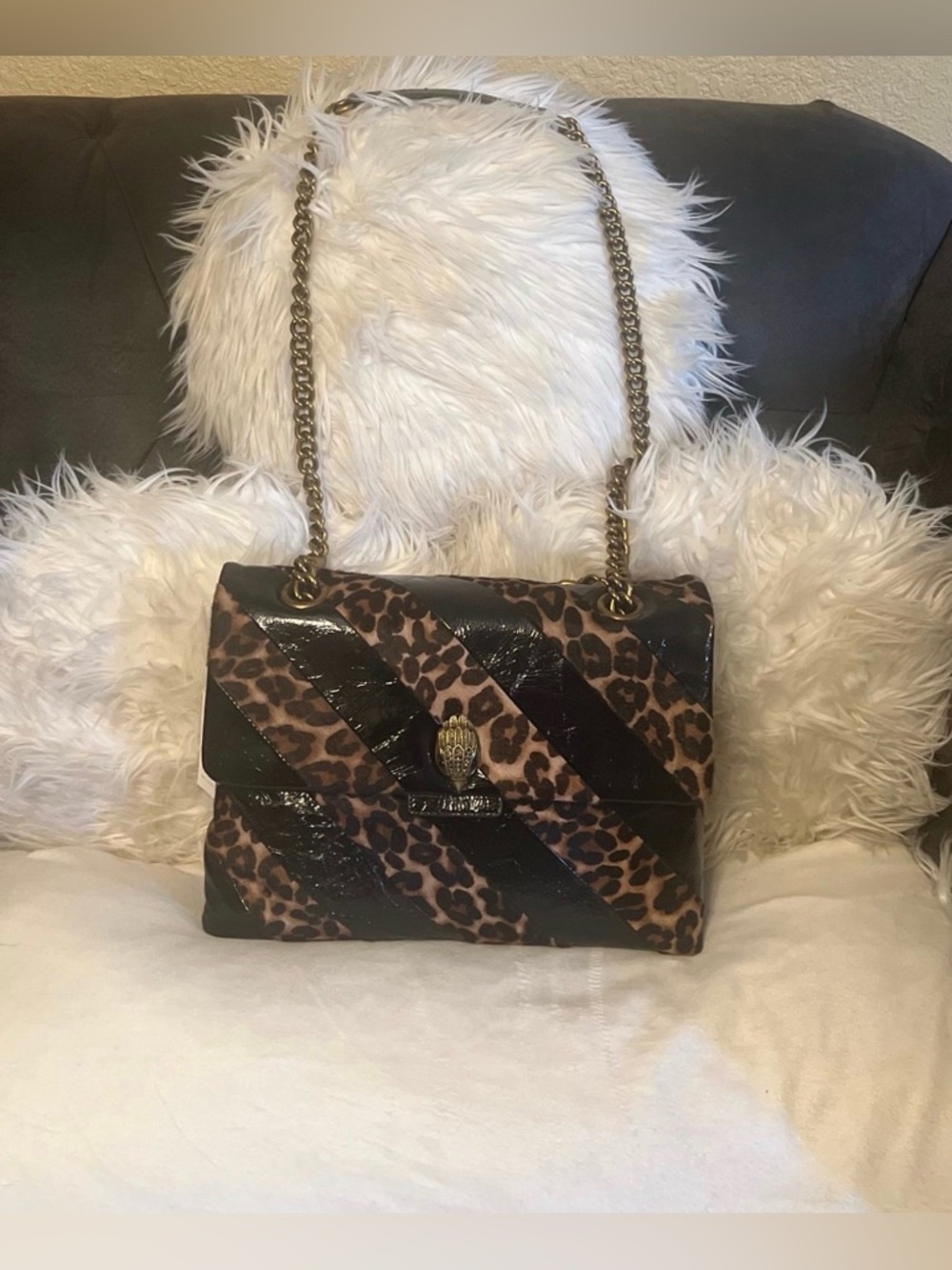 🐆Kurt Geiger Leopard Print & Black Patent Shoulder Bag with Gold Chain & Wallet - Picture 10 of 11